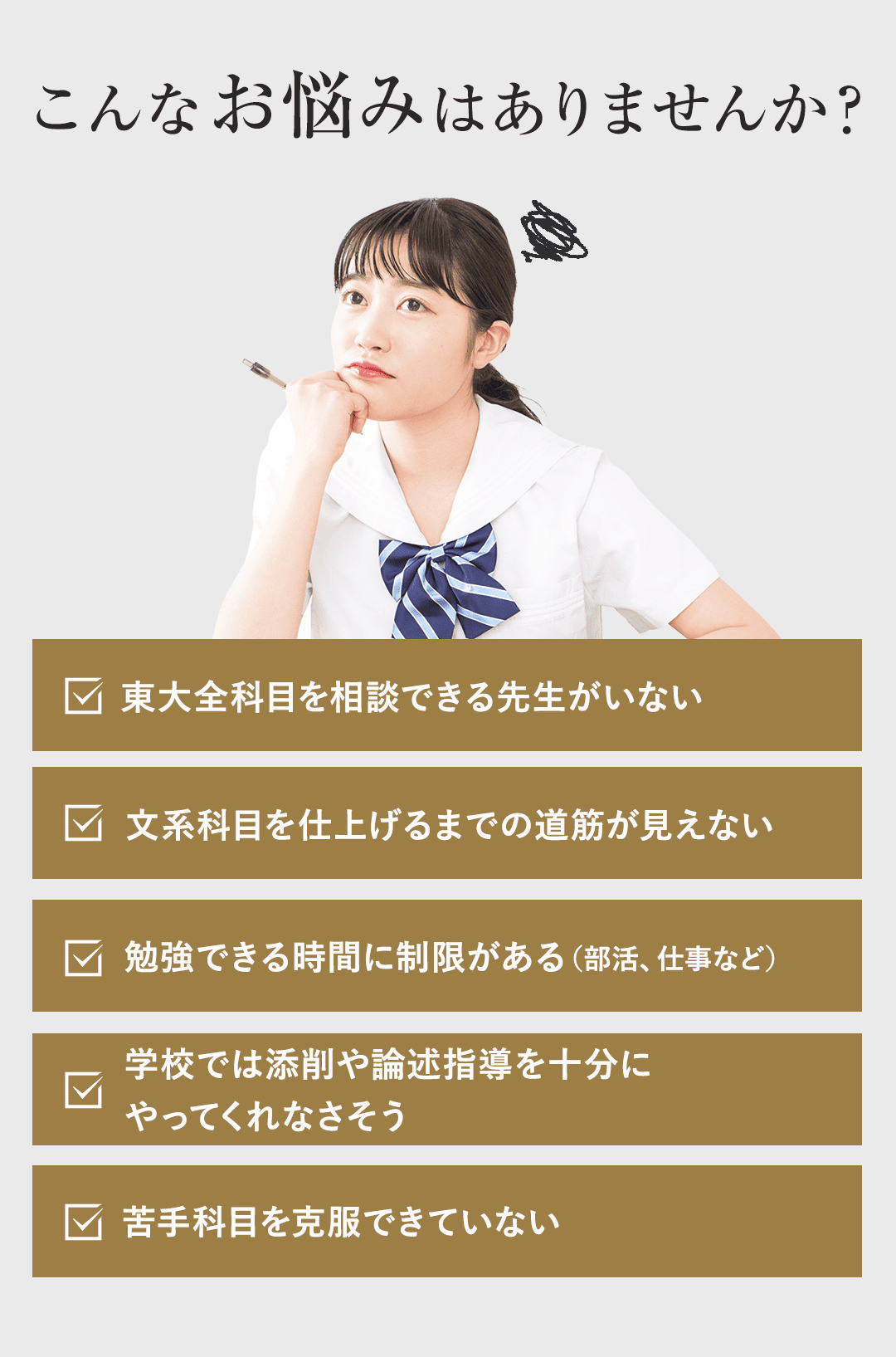 こんなお悩みはありませんか？ ・ 東大全科目を相談できる先生がいない ・ 文系科目を仕上げるまでの道筋が見えない ・ 勉強できる時間に制限がある（部活、仕事など） ・ 学校では添削や論述指導を十分にやってくれなさそう ・ 苦手科目を克服できていない
